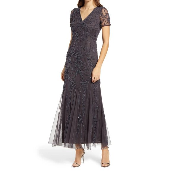PISARRO NIGHTS Beaded Mesh Gown in Grey - Size 4 - NWT - Picture 1 of 6